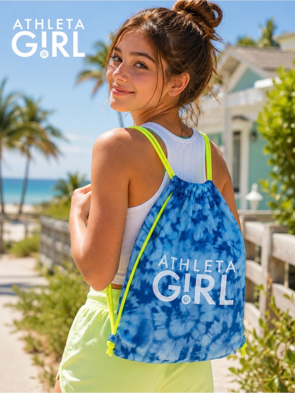Athleta Girl Tie Dye Drawcord Sport Bag Cinch Sack Sac Blue Neon Yellow NWOT